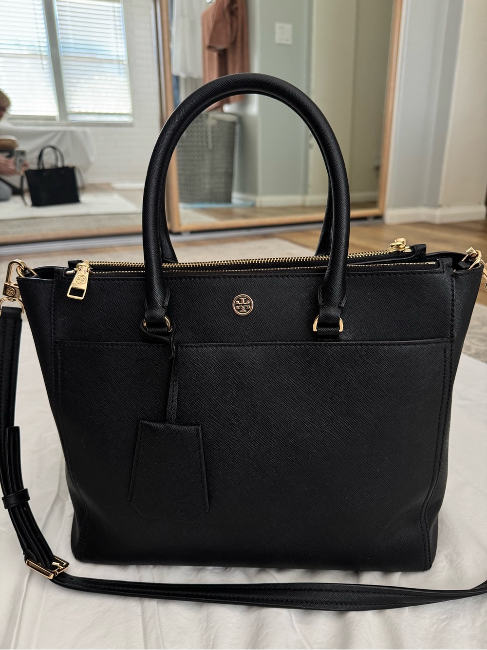 Tory Burch Black Saffiano Leather Tote, Gold Hardware